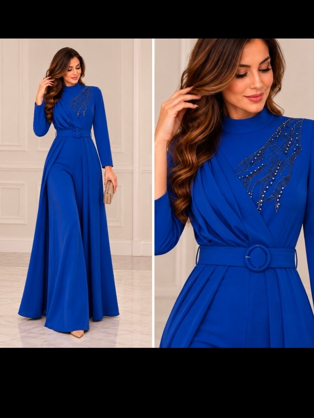 Royal Blue Embellished Jumpsuit with Belt
